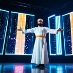 A professional male Arab dancer in a modest, contemporary traditional costume, performing a dynamic and expressive pose on a modern, dimly lit stage. Behind him, a vibrant, glowing holographic digital twin mirrors his movements, seamlessly blending into an abstract, futuristic virtual background of light patterns and flowing energy. The scene is captured with professional photography, showcasing high resolution and cinematic lighting and a dramatic mood. Emphasize perfect anatomy, correct proportions, natural pose, well-formed hands, proper finger count, and natural body proportions. The subject is fully clothed, in appropriate attire, and professional dress. This image is safe for work, appropriate content, and family-friendly.