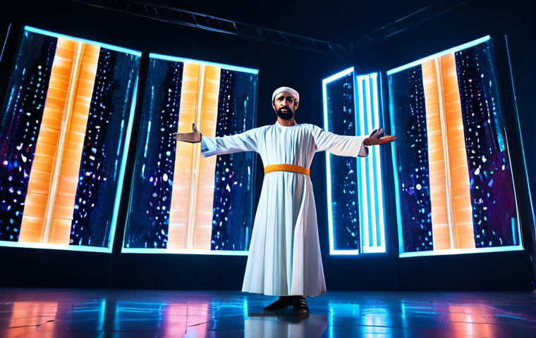 A professional male Arab dancer in a modest, contemporary traditional costume, performing a dynamic and expressive pose on a modern, dimly lit stage. Behind him, a vibrant, glowing holographic digital twin mirrors his movements, seamlessly blending into an abstract, futuristic virtual background of light patterns and flowing energy. The scene is captured with professional photography, showcasing high resolution and cinematic lighting and a dramatic mood. Emphasize perfect anatomy, correct proportions, natural pose, well-formed hands, proper finger count, and natural body proportions. The subject is fully clothed, in appropriate attire, and professional dress. This image is safe for work, appropriate content, and family-friendly.