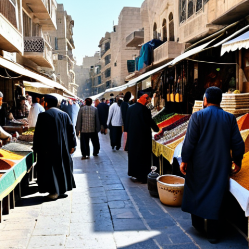 Home 9 **A bustling marketplace in old Damascus, Syria, during the day.** Vendors in traditional, fully clothed attire are selling spices, textiles, and handcrafted goods. The scene is full of vibrant colors and activity. Focus on the architecture of the historic buildings. Safe for work, appropriate content, professional photography, perfect anatomy, natural proportions, family-friendly.