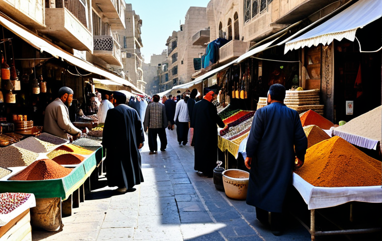 **A bustling marketplace in old Damascus, Syria, during the day.** Vendors in traditional, fully clothed attire are selling spices, textiles, and handcrafted goods. The scene is full of vibrant colors and activity. Focus on the architecture of the historic buildings. Safe for work, appropriate content, professional photography, perfect anatomy, natural proportions, family-friendly.