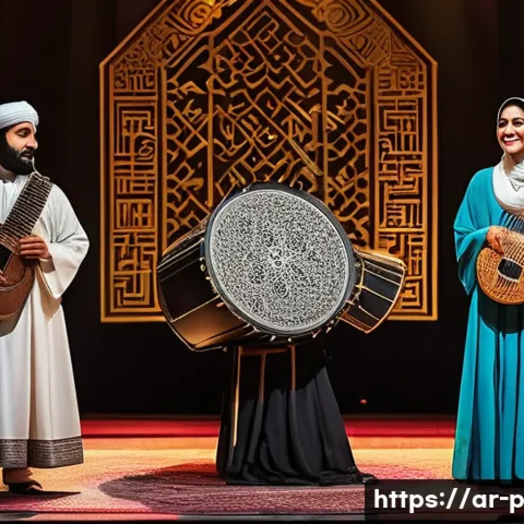 공연예술 비즈니스 모델 - A vibrant performance scene blending traditional Arabic music instruments like the oud and darbuka w...