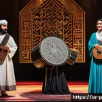 공연예술 비즈니스 모델 - A vibrant performance scene blending traditional Arabic music instruments like the oud and darbuka w...
