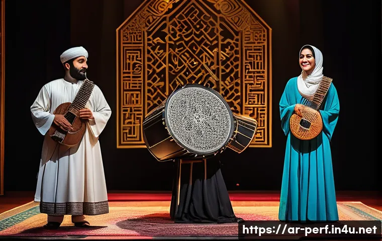 공연예술 비즈니스 모델 - A vibrant performance scene blending traditional Arabic music instruments like the oud and darbuka w...