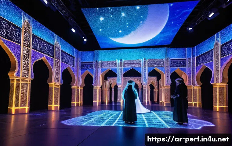 공연예술과 기술 융합 - A futuristic theatrical performance scene set in an Arabian cultural context, featuring diverse audi...