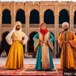 공연예술과 관광 산업 - A vibrant traditional Arabic theatrical performance taking place in an ancient Middle Eastern open-a...
