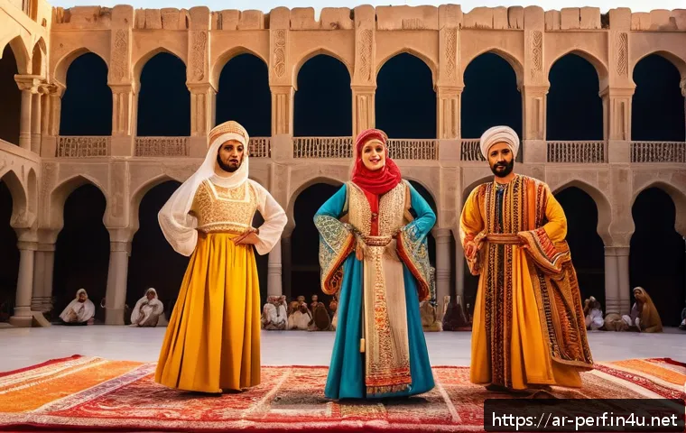공연예술과 관광 산업 - A vibrant traditional Arabic theatrical performance taking place in an ancient Middle Eastern open-a...