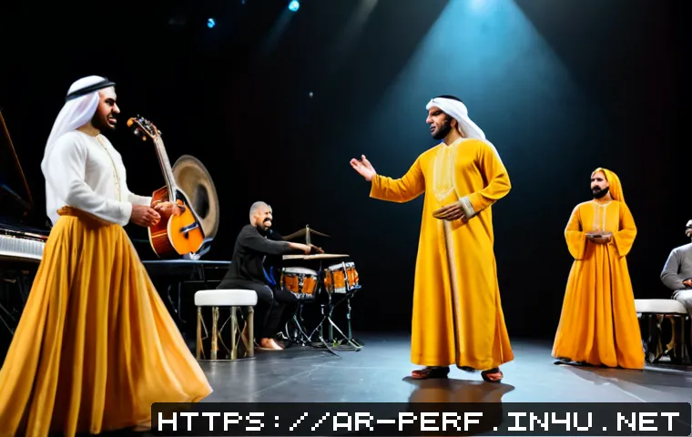 공연예술과 다문화 사회 - Photorealistic contemporary performing arts stage in an Arab cultural center, a diverse ensemble of ...
